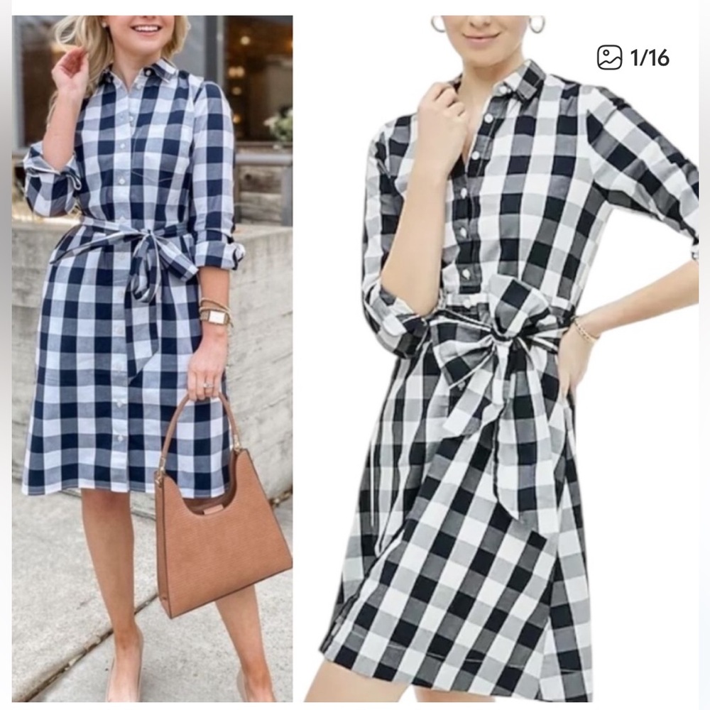 J Crew Women's Cotton Poplin Shirt Dress Tie Waist Pockets Navy Blue White 8